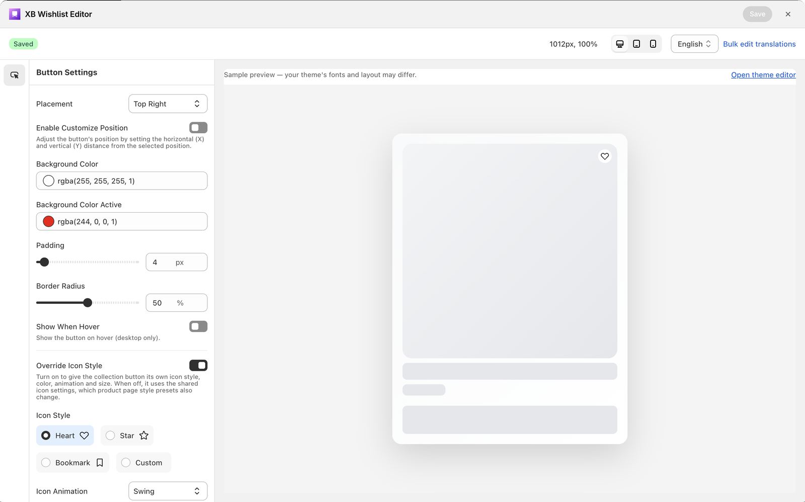 The collection button editor with Placement, colors and the live preview