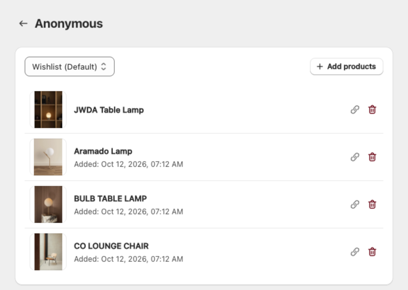 A customer's wishlist with products, the wishlist selector and Add products