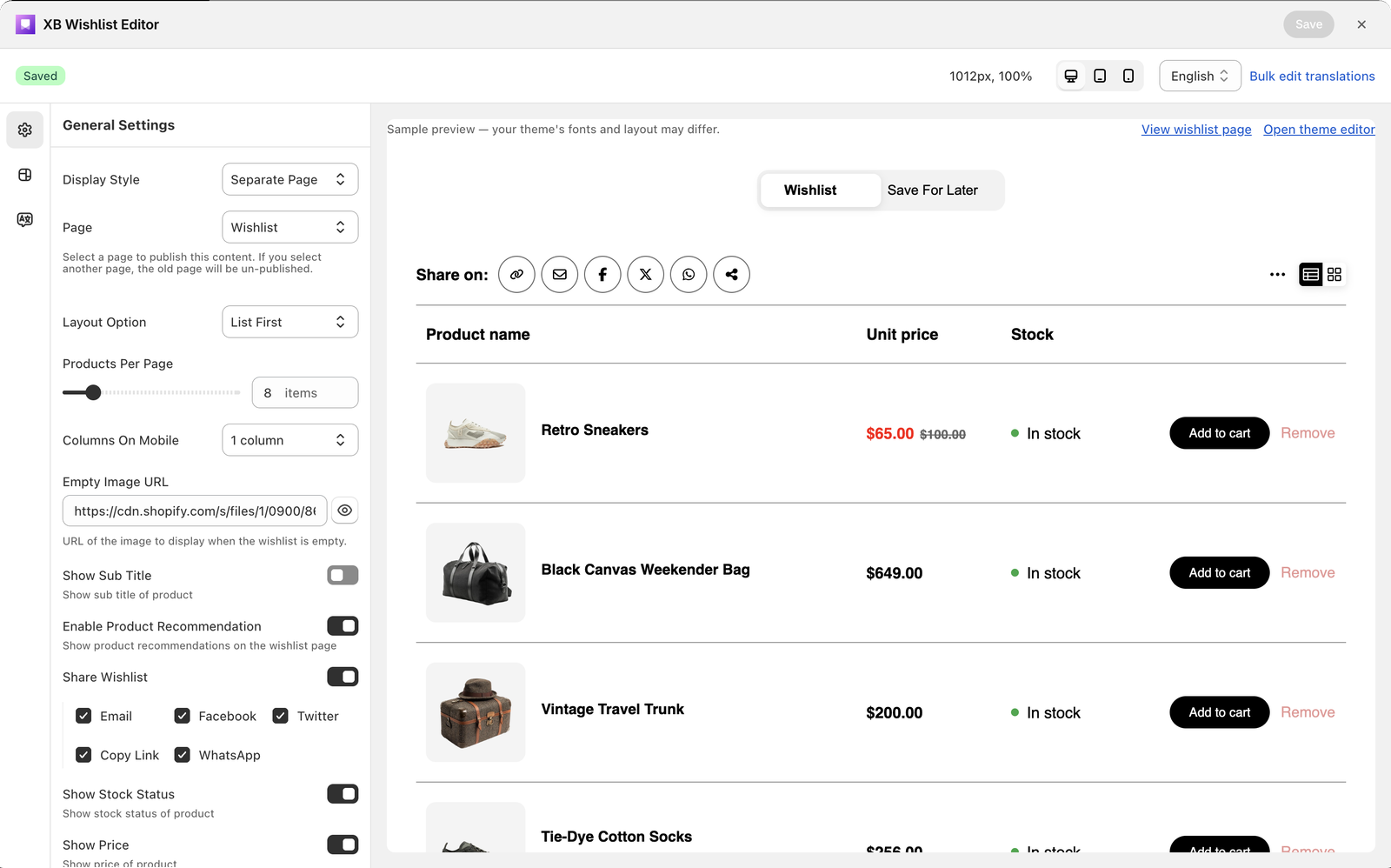 The wishlist page editor with General settings and the live preview