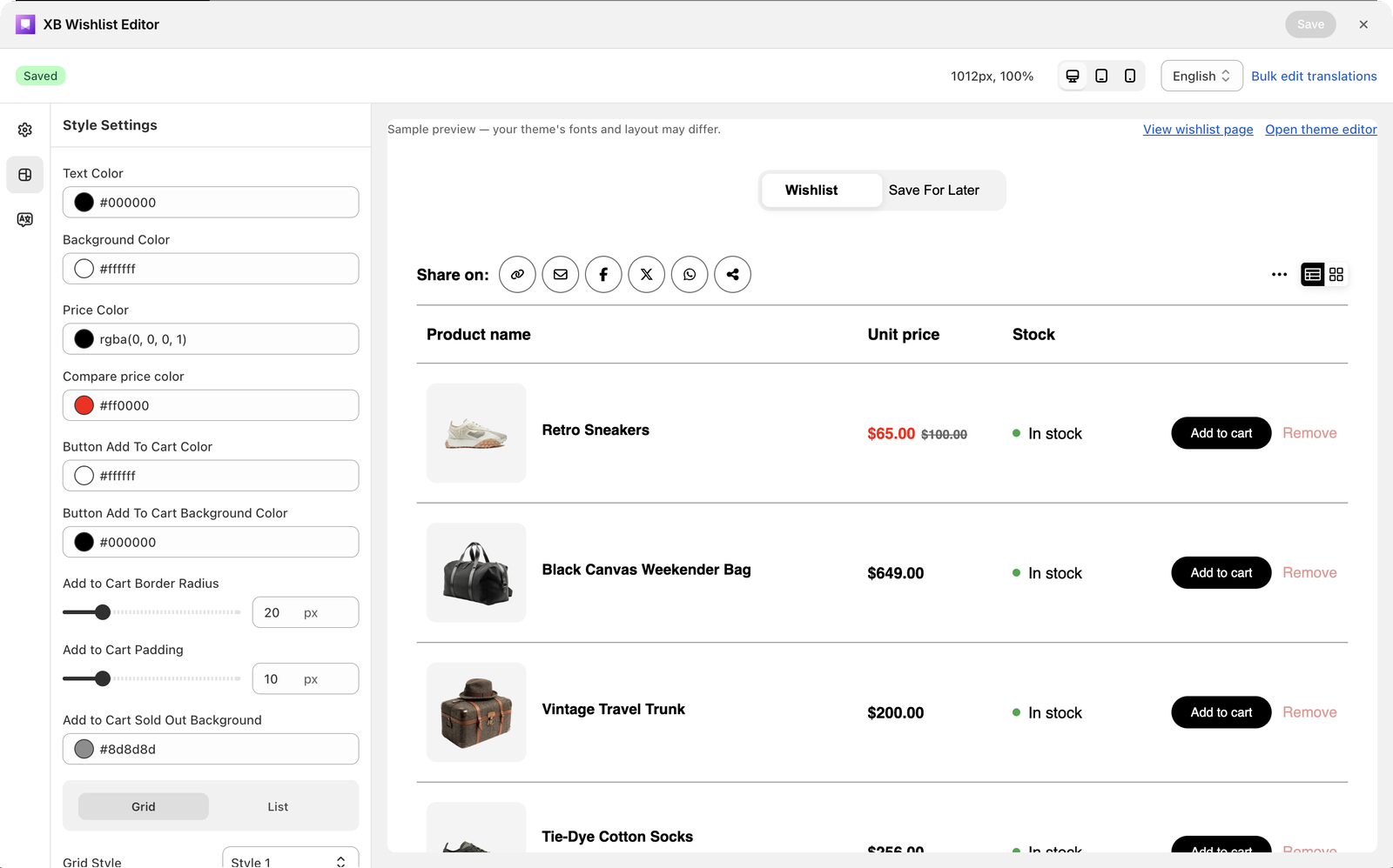 The Style settings section with colors and the Grid and List tabs