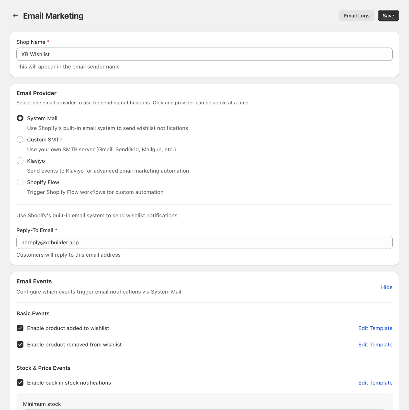 The Email Marketing page with Shop Name, Email Provider and Email Events