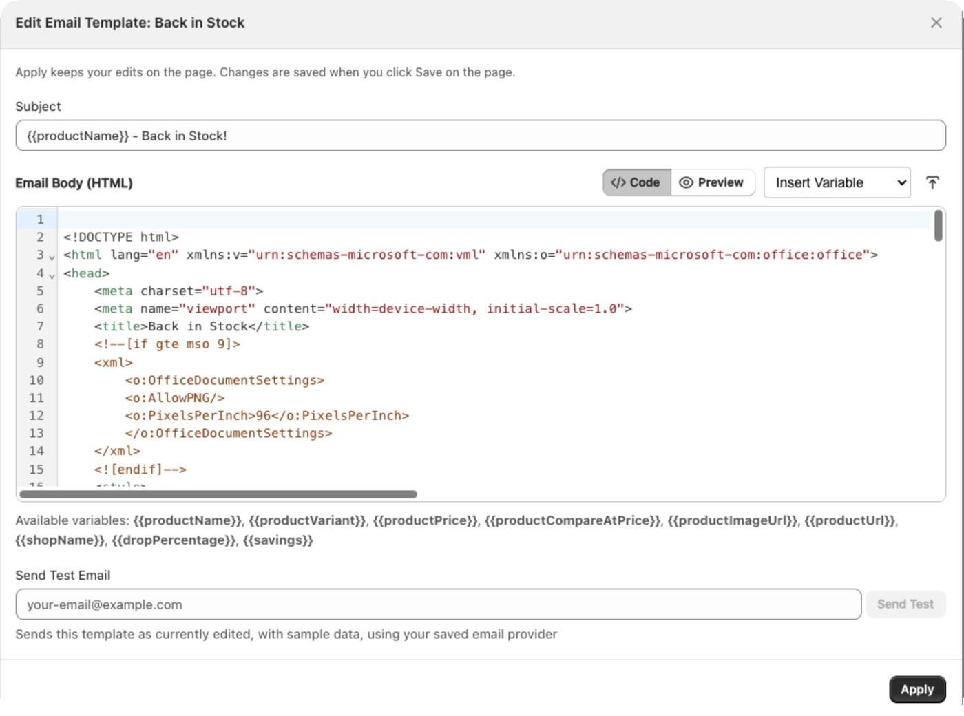 The template editor with Subject, HTML body, preview and variables