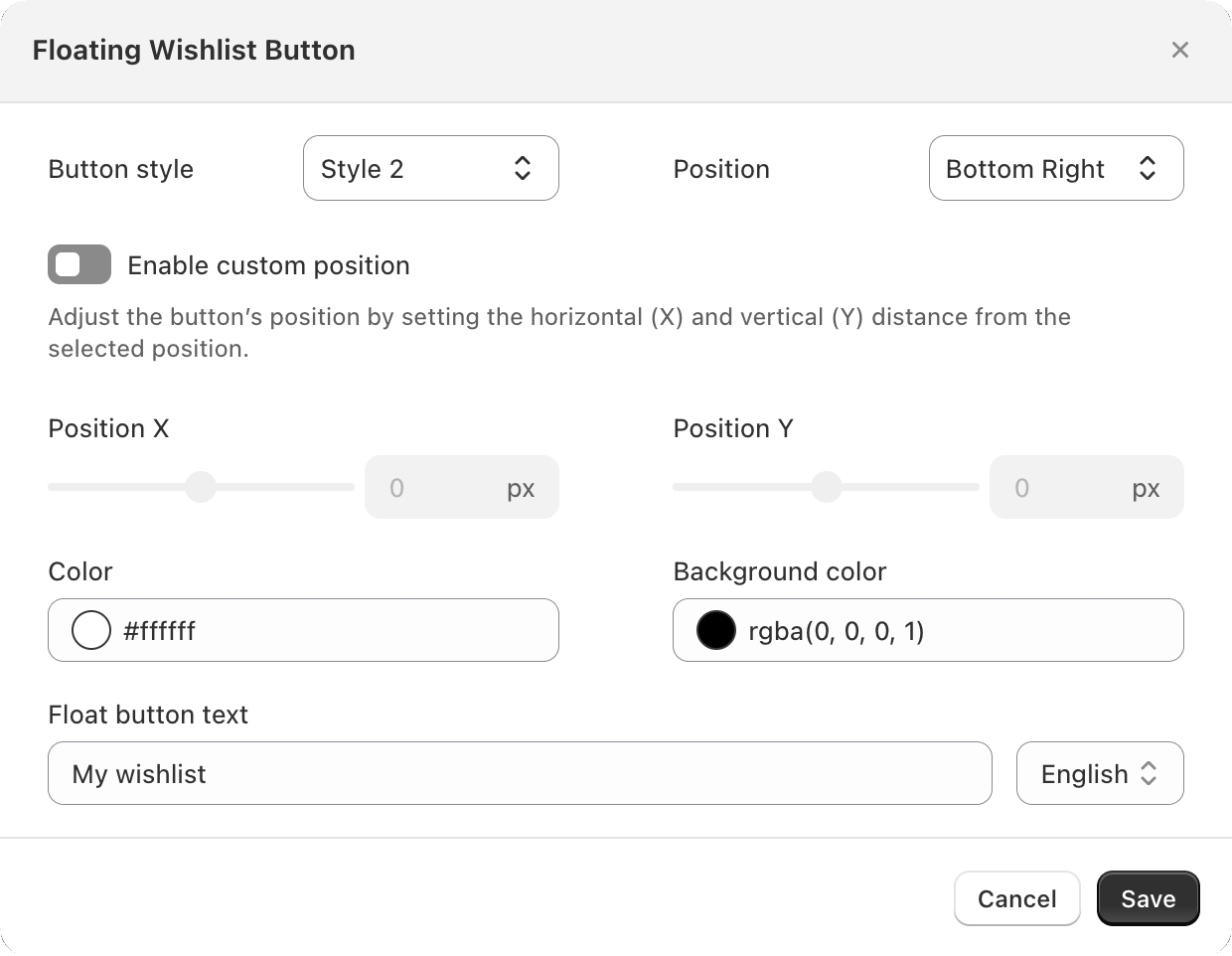 The Floating Wishlist Button settings modal