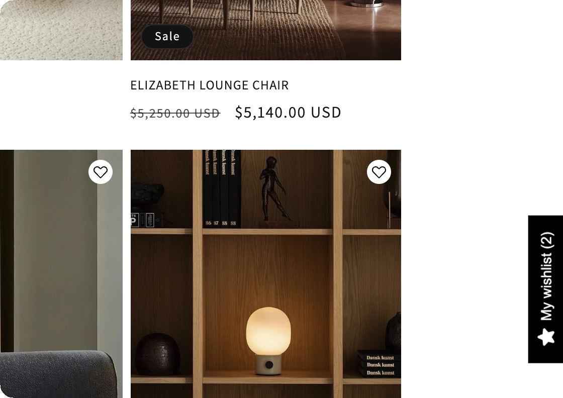 A "My wishlist" button in the bottom-right corner of a storefront