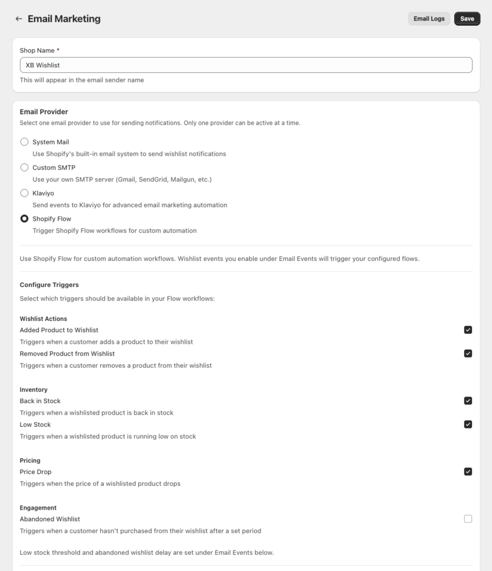 Email Marketing with Shopify Flow selected and the Configure Triggers list