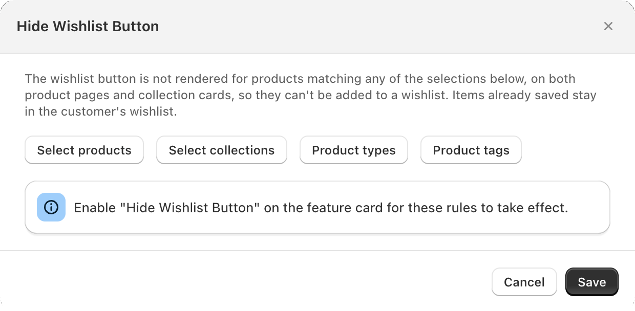 The rule picker with Select products, Select collections, Product types and Product tags