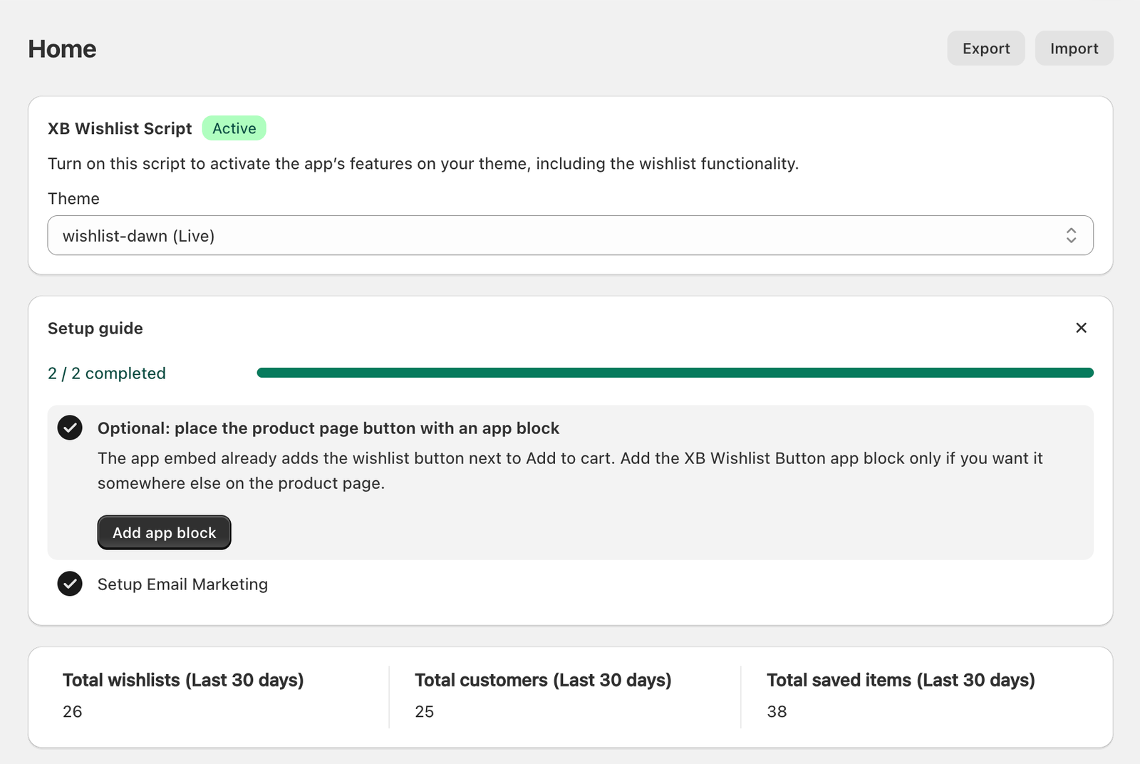 The Home page with the app status card, setup guide and 30-day summary