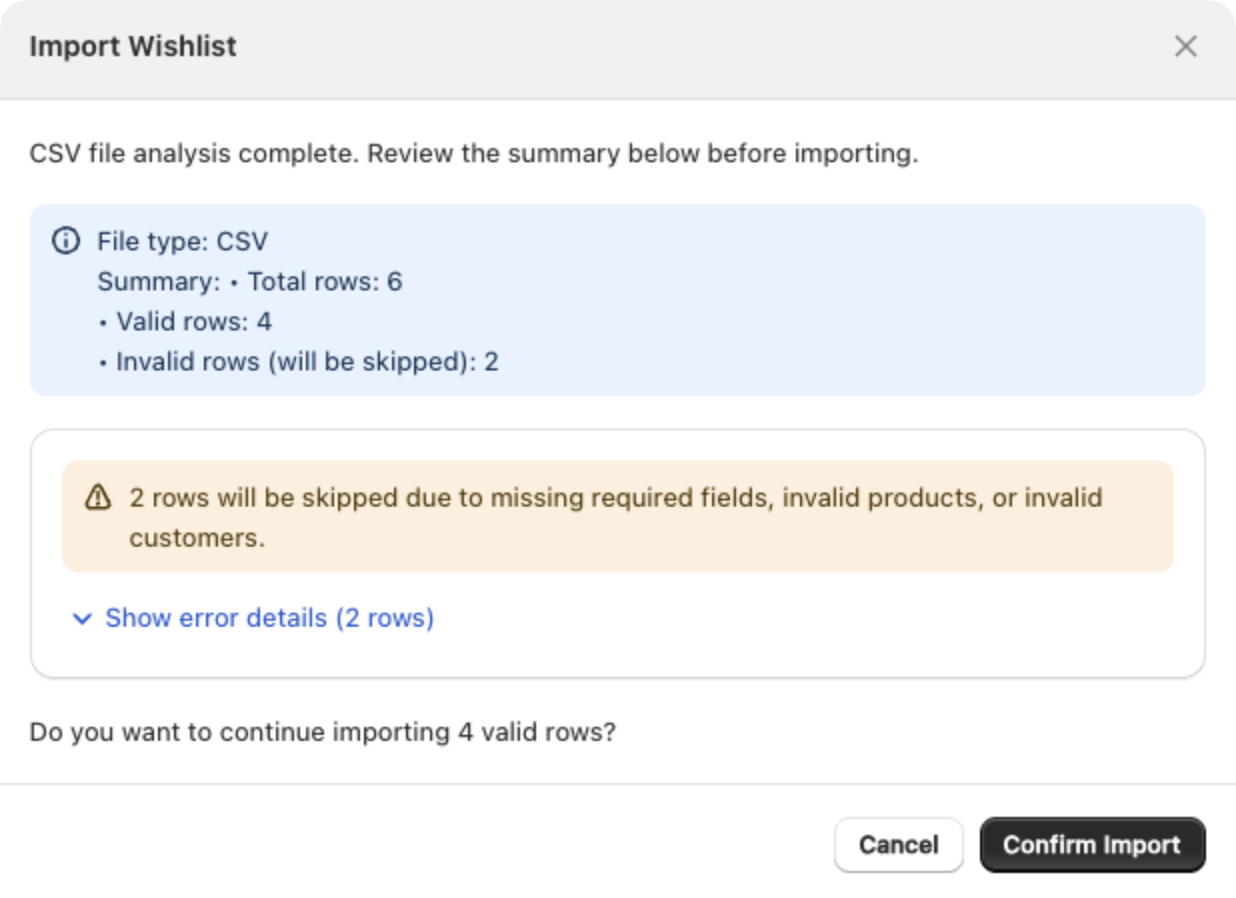 The import window after analysis, with valid and invalid row counts
