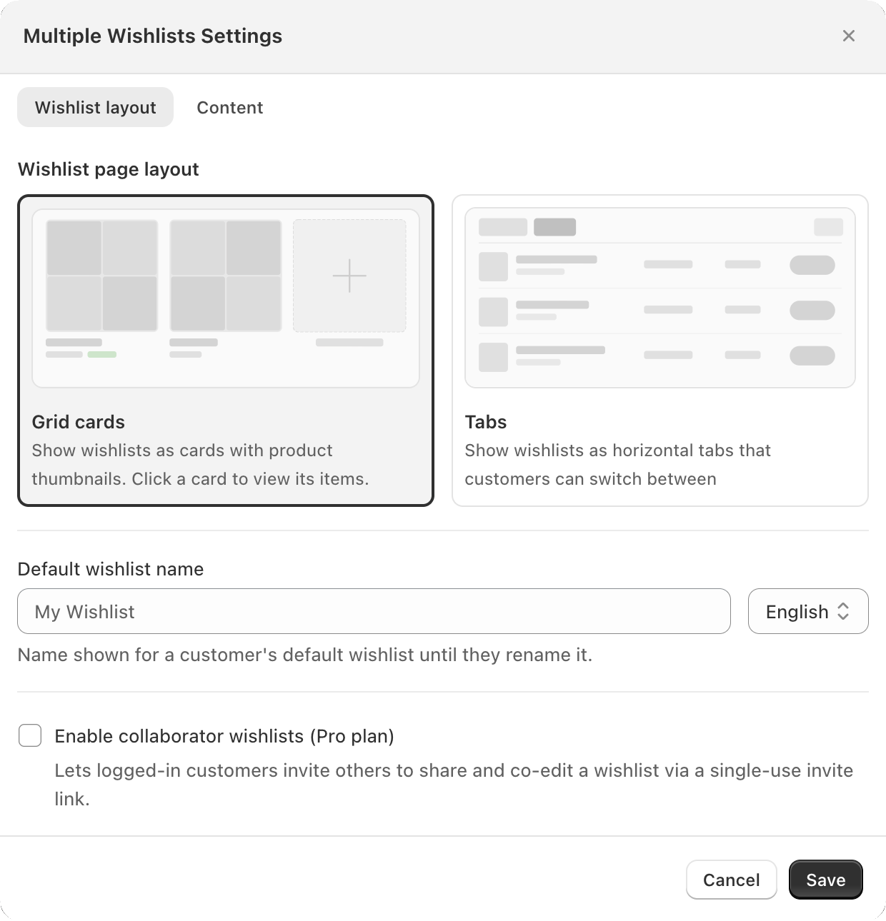 The Multiple Wishlists Settings modal, Wishlist layout tab