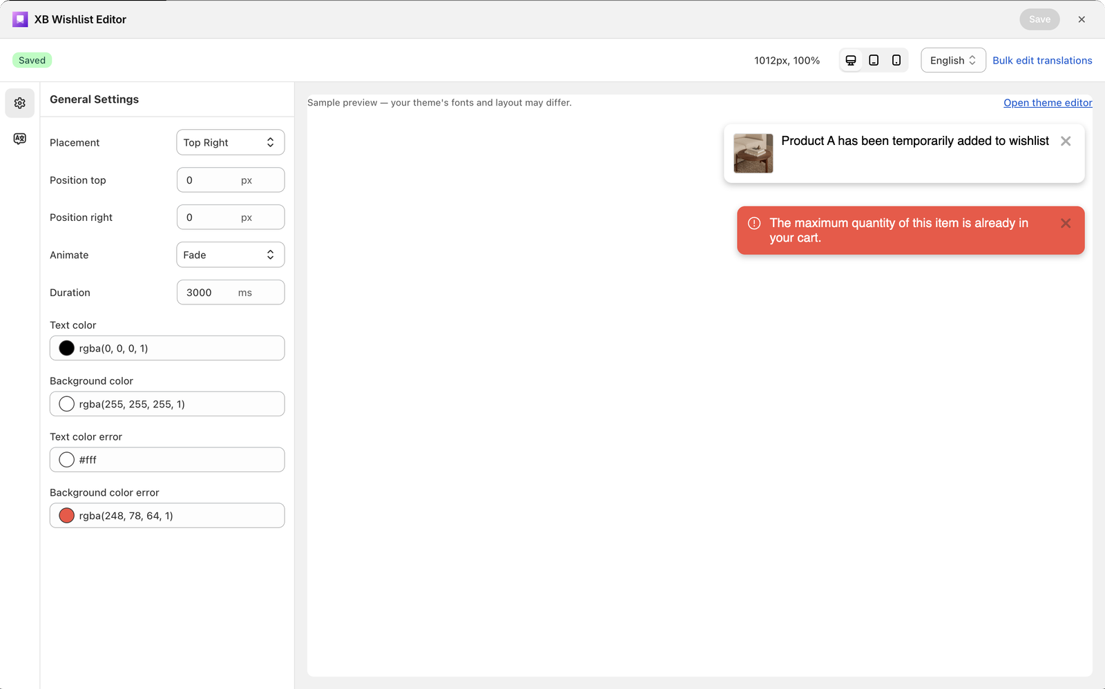 The notification editor with placement, animation and colors