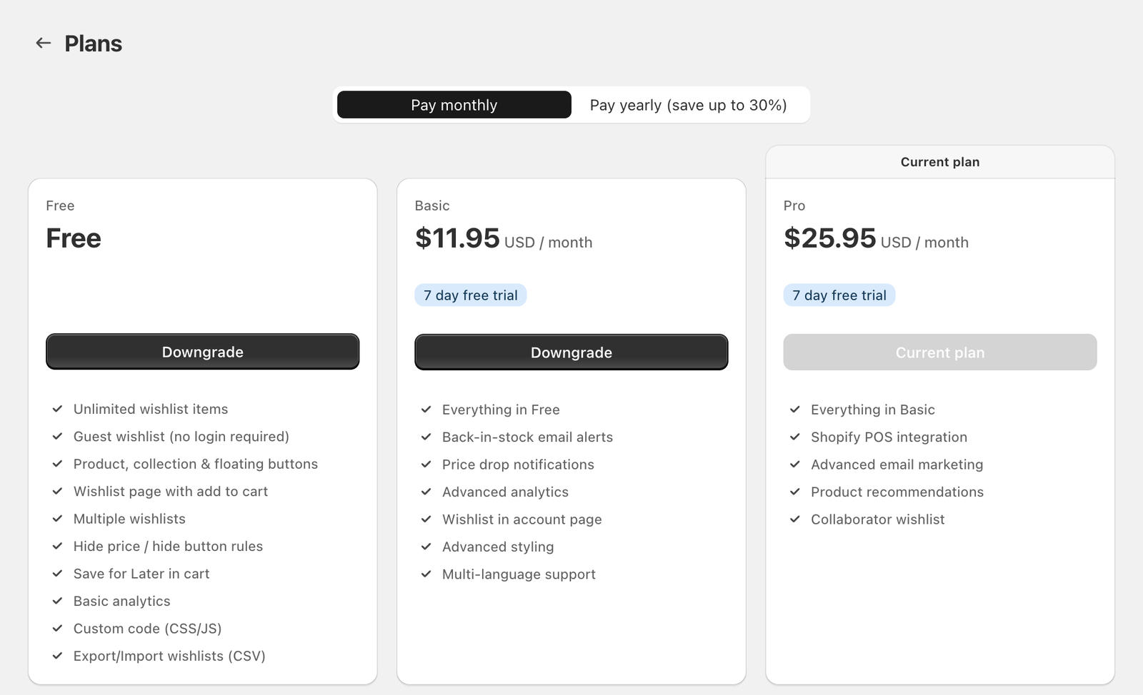 The Plans page with Free, Basic and Pro