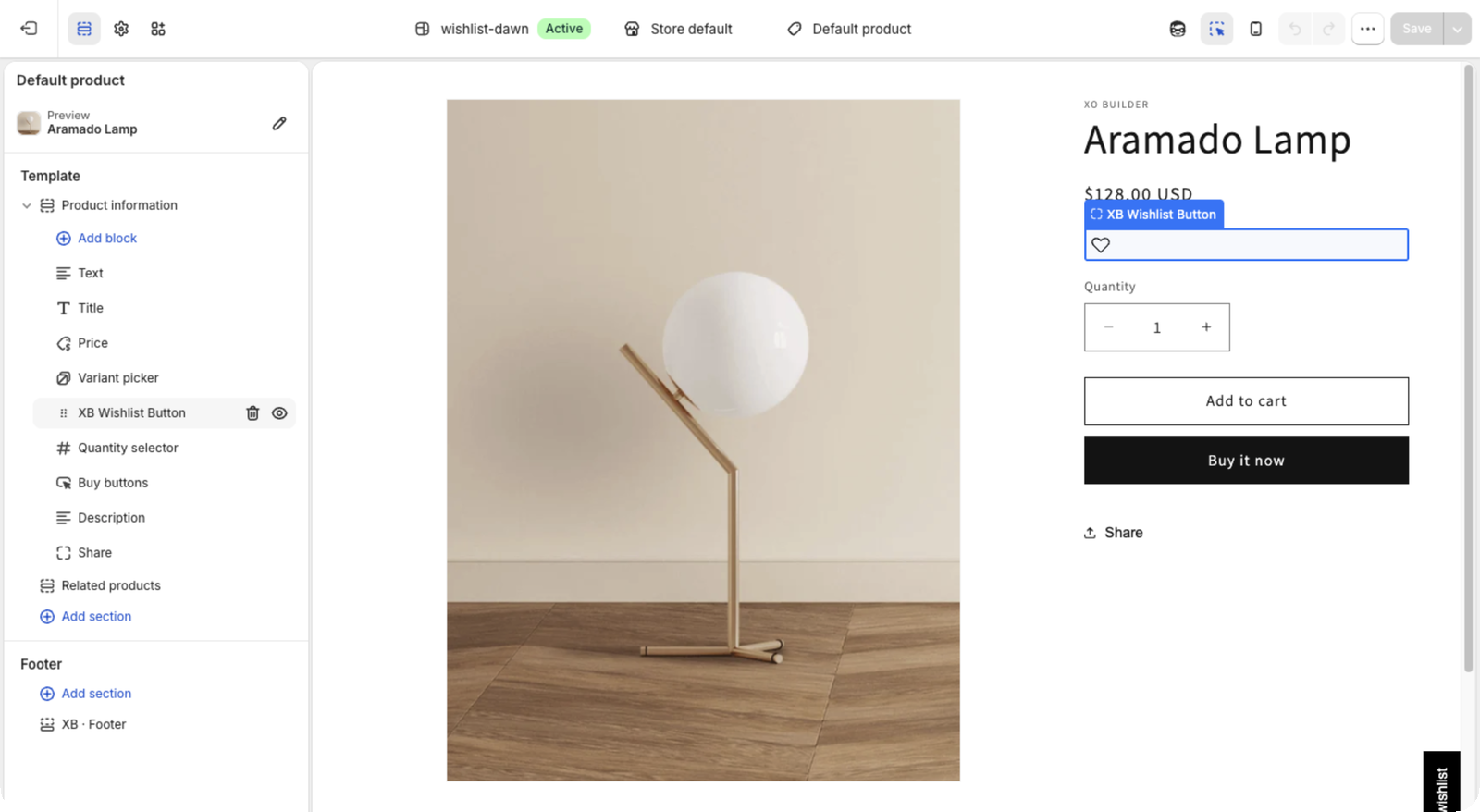 The theme editor with the XB Wishlist Button app block in the product information section