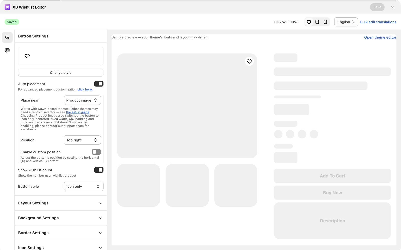 The product page button editor with Auto placement and style groups