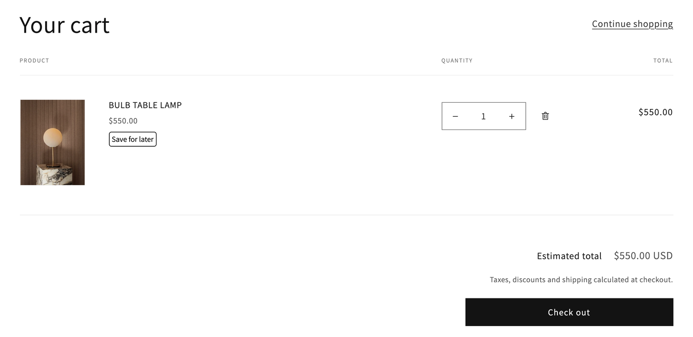 A cart page with a "Save for later" link under each item