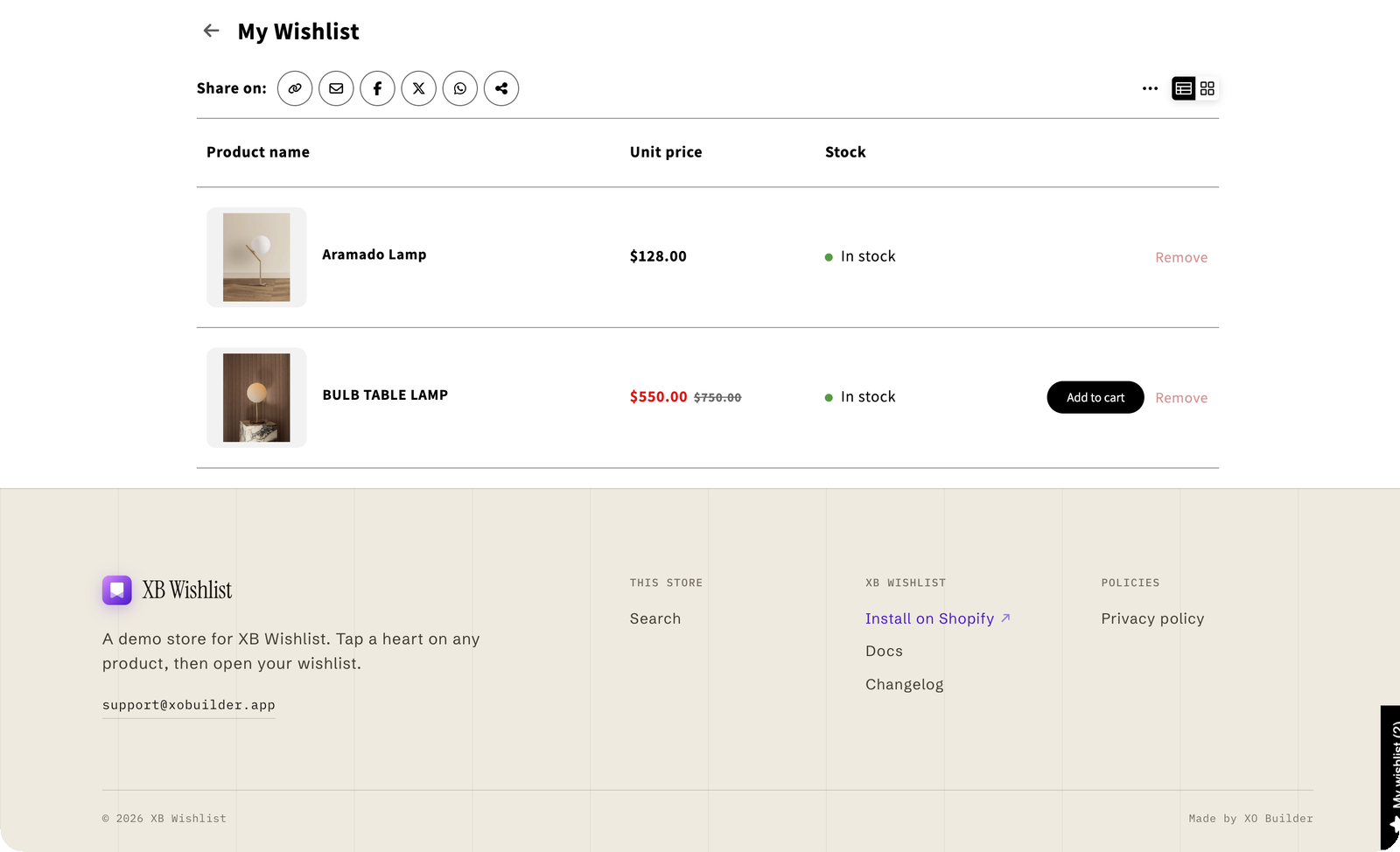 The wishlist on its own page inside the store theme
