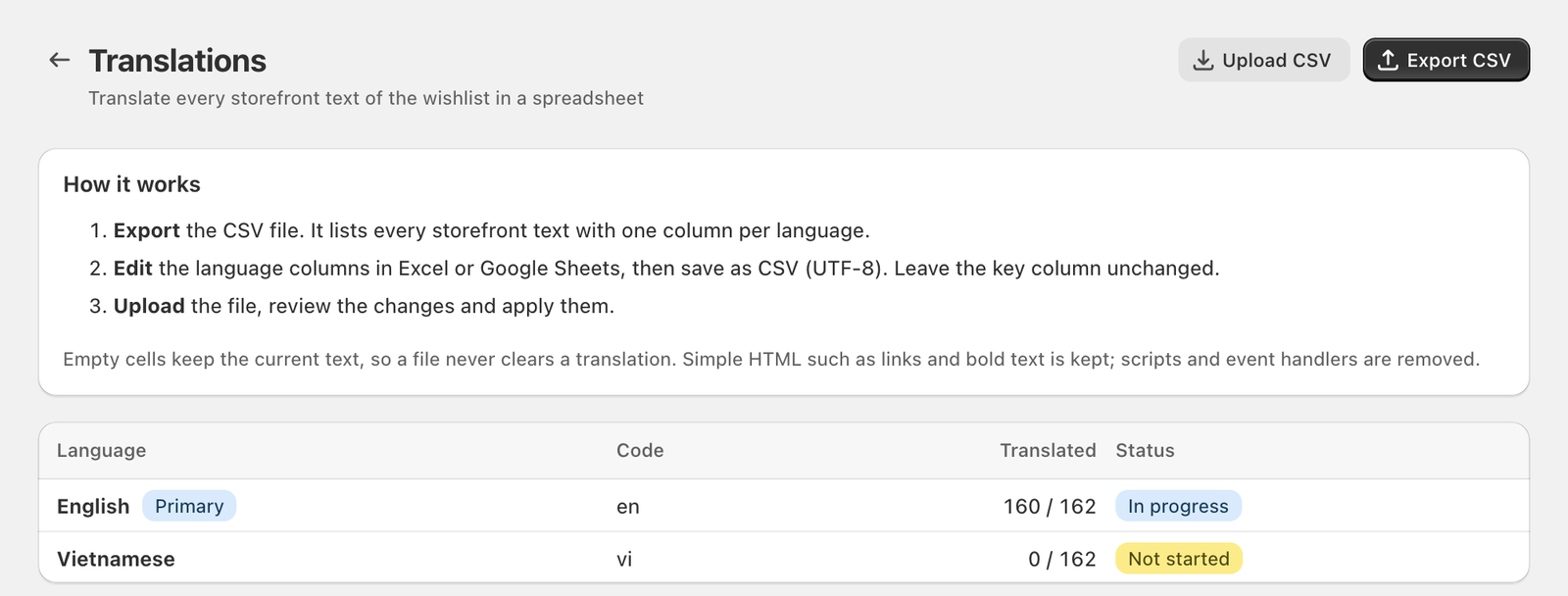 The Translations page with the language table and Export CSV button