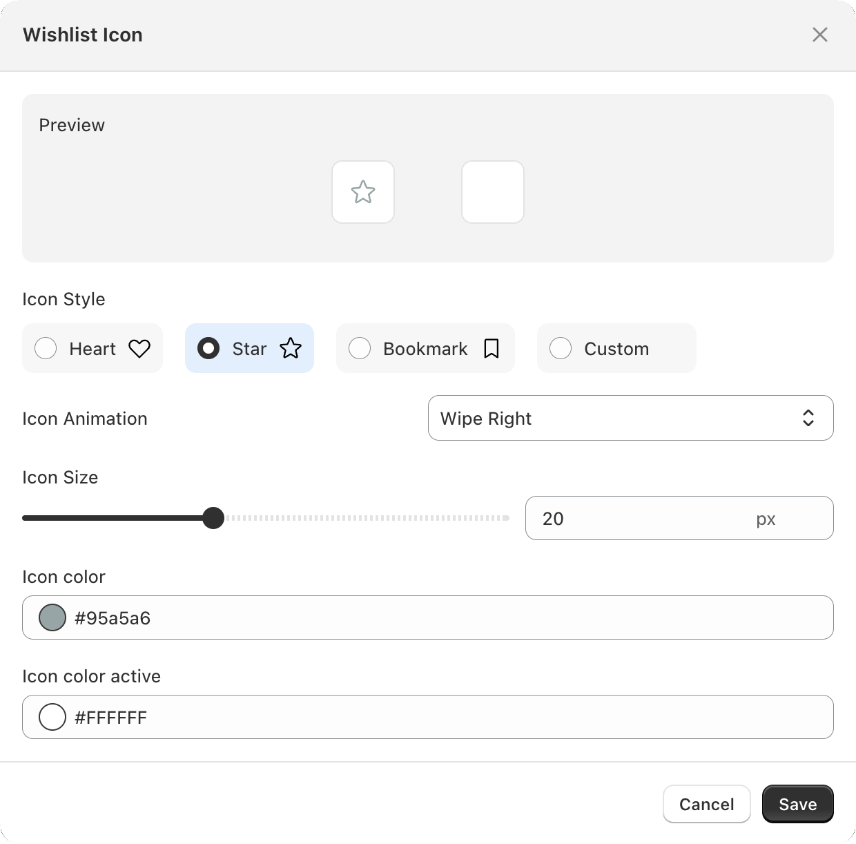 The Wishlist Icon modal with a live preview, icon style and animation